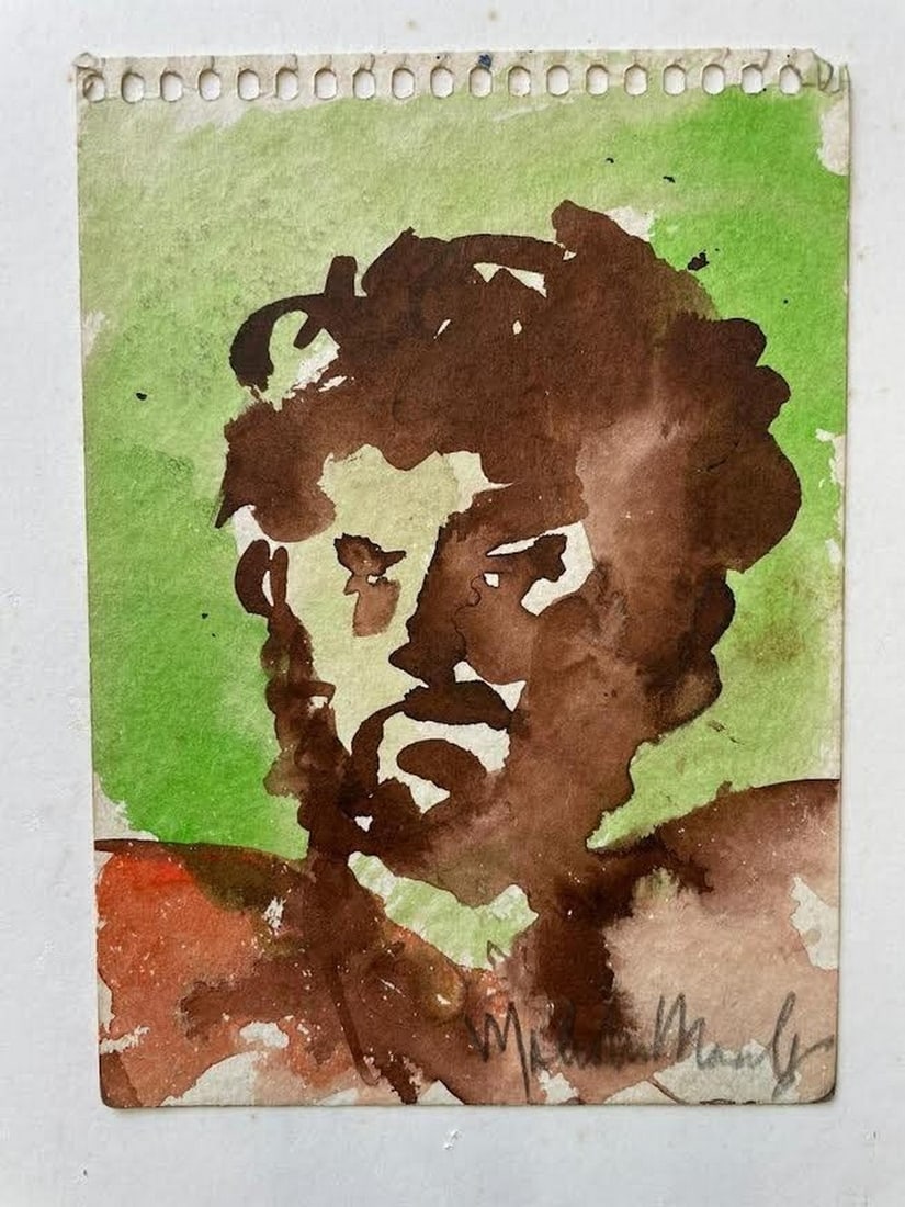 Malcolm Morley (1931-2018), portrait of the artist Menashe Kadishman: Malcolm Morley (1931-2018), portrait of the artist Menashe Kadishman, watercolor on paper, a page from a sketchbook (the spiral marks in the upper part), signed, unframed, dimensions: 18x13 cm.