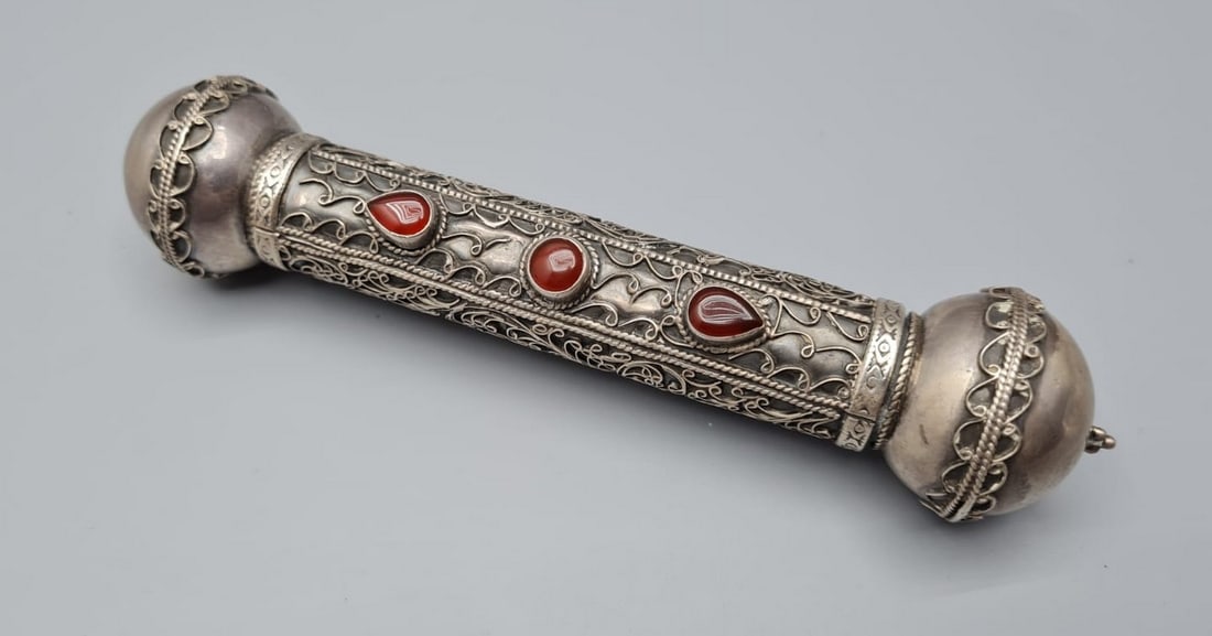 Fancy silver cylindrical scroll case (1 of 4)