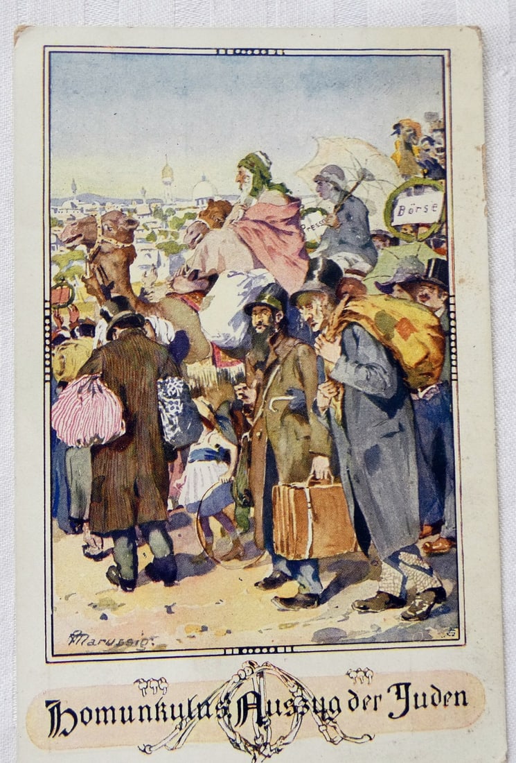 Antique Anti-Jews Caricature PC "Homunculus: Exodus of Jews, " ca. 1895-1908: Antique Anti-Jews Caricature PC "Homunculus: Exodus of Jews, " ca. 1895-1908 The front of the postcard features an image of Jews traveling to Palestine. The group of Jews includes German sig