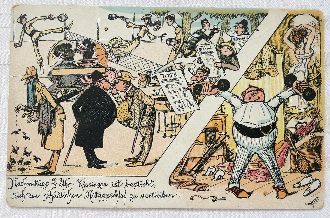 Antique Anti-Jews Caricature Litho PC. "Nachmittags 2 Uhr Kissingen ist bestrebt sich den: Antique Anti-Jews Caricature Litho PC Nachmittags 2 Uhr Kissingen ist bestrebt sich den schaedlichen Mittagsschlaf zu vertreiben, in German Nachmittags 2 Uhr Kissingen ist bestrebt sich den schaedlich