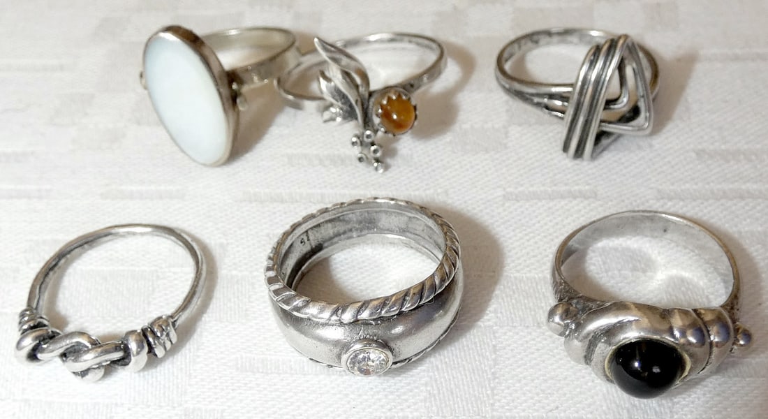 Lot of 6 silver sterling rings, 18 gr., sizes from 6.5 till 10 (1 of 7)