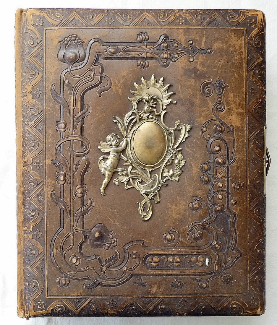 Art Nouveau luxury photo album - stamped leather and laid gilt brass plaque with cupid, gilt edges, (1 of 9)