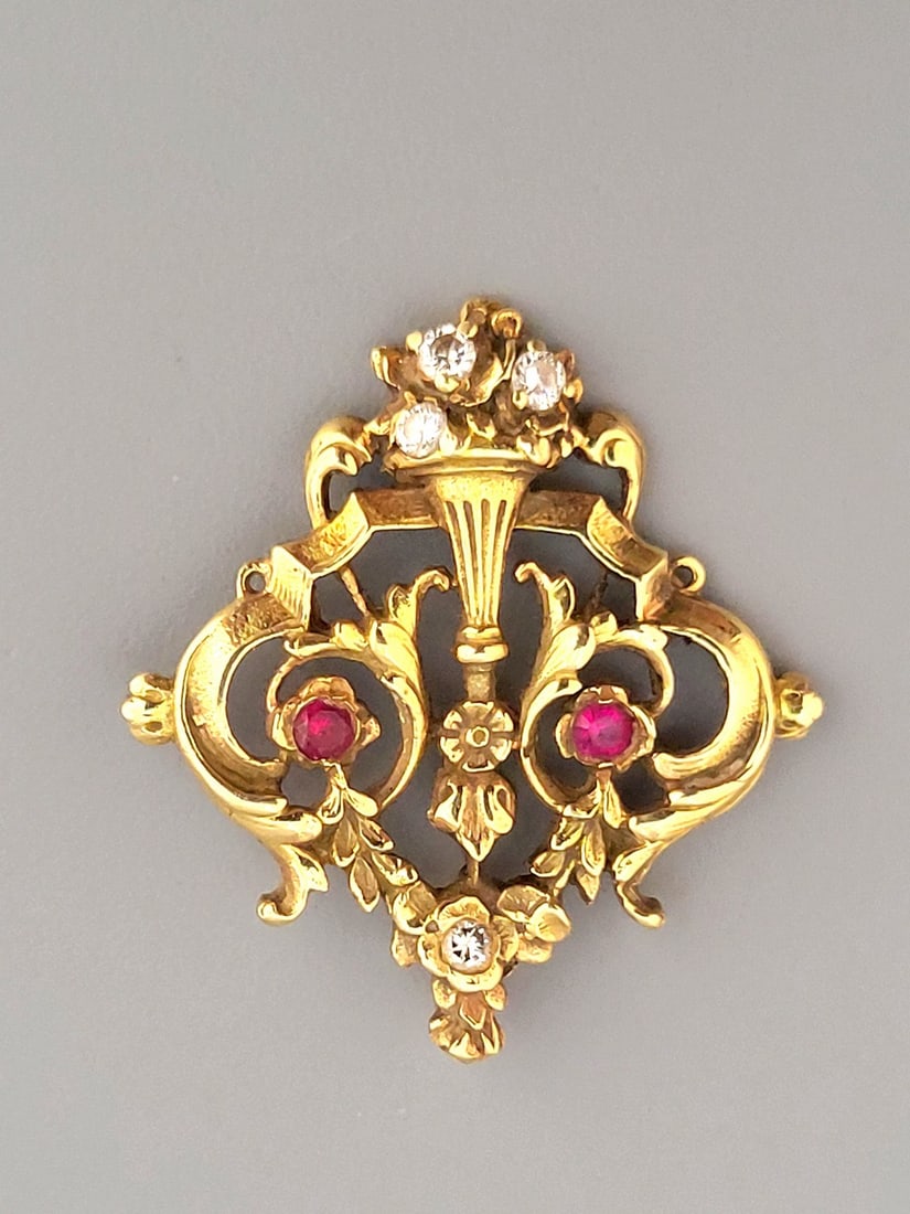 Fine 18K Gold "Flower Basket" Pendant set with Rubies and Diamonds (1 of 4)