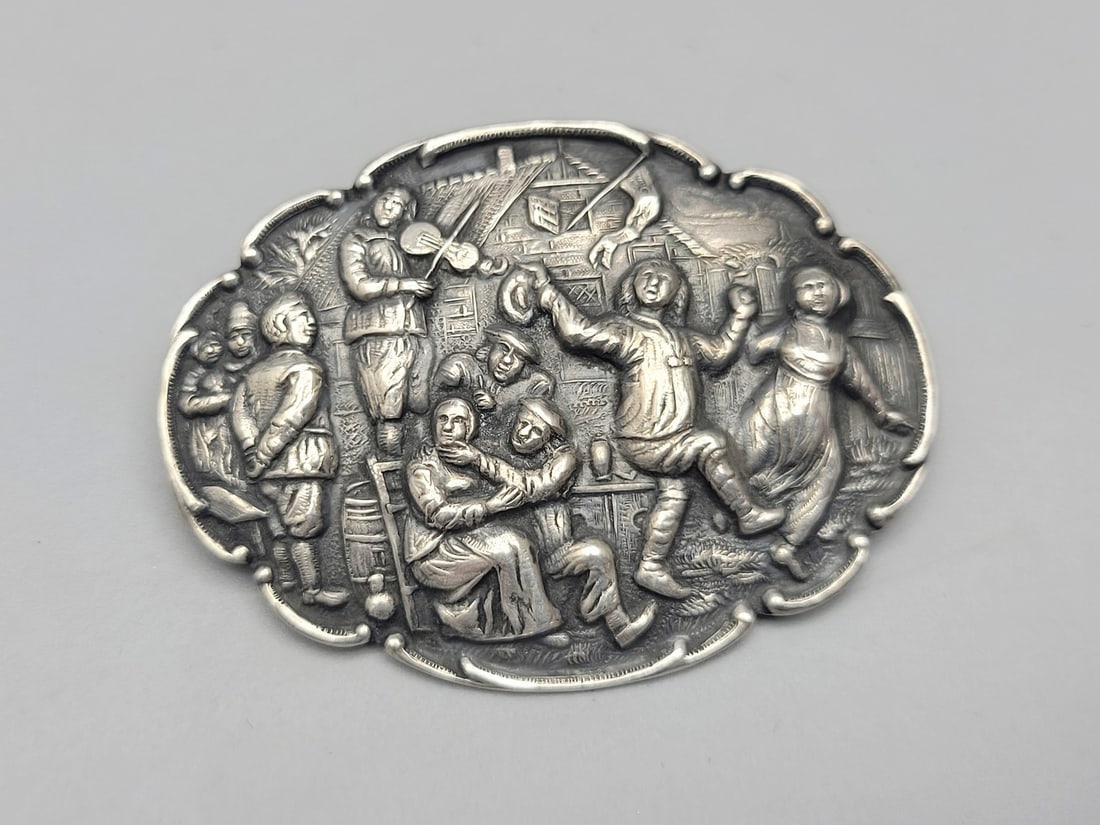 Antique and impressive silver "celebration in the village" brooch (1 of 2)