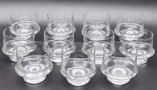 Set of 11 liquor/whiskey glasses made by Dune tumbler, United States: Set of 11 liquor/whiskey glasses made by Dune tumbler, United States, designed by Kelly Wearstler, designed with minimalist inspiration based on ancient epottery, not signed or bearing manufacturer's