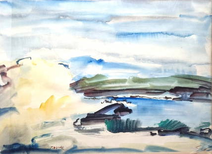 Mordechai Avniel (1909-1989), Sea of ??Galilee: Mordechai Avniel (1909-1989), Sea of ??Galilee, large and impressive watercolor painting, signed, framed with a passepartout under glass in a period wooden frame with a gilded metal band inscription,