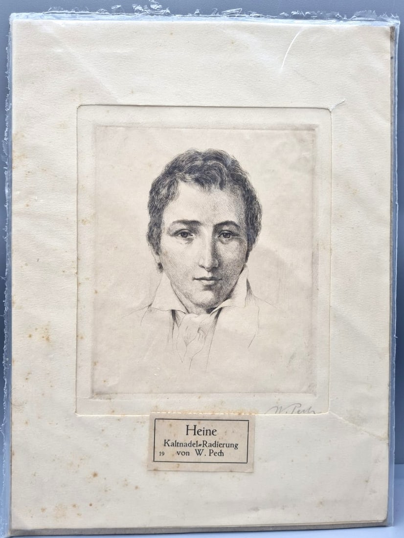Heinrich Heine (1797-1856), German poet, engraving by W. Pech after a painting by Moritz Daniel: Heinrich Heine (1797-1856), German poet, engraving by W. Pech after a drawing by Moritz Daniel Oppenheim, signed in pencil on the underside (by W. Pech), housed in a passepartout frame, dimensions: 13