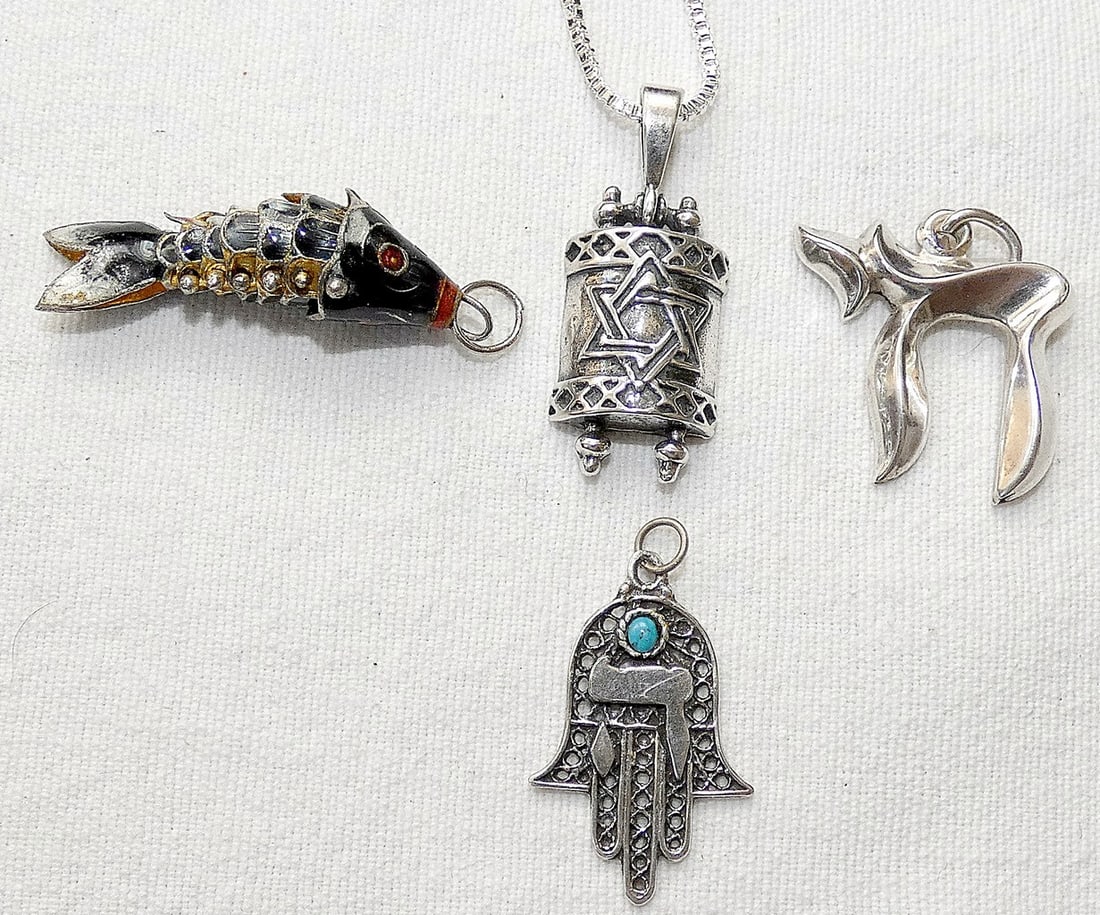 Lot of 4 silver sterling Jewish amulets pendants: Magen David on Torah Scroll, Chai, Hamsa, Fish, (1 of 9)