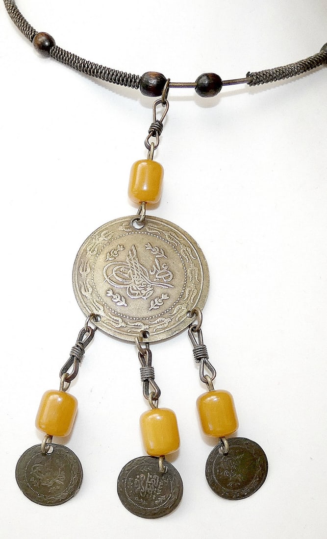 Ottoman Turkey Antique Brass Collar necklace with Bakelite beads and Ottoman coins with Tughra.: Ottoman Turkey Antique Brass Collar necklace with Bakelite beads and Ottoman coins with Tughra. Yellow beads tested for Bakelite by simichrome Brass collar with brass links and wooden beads. Diameter