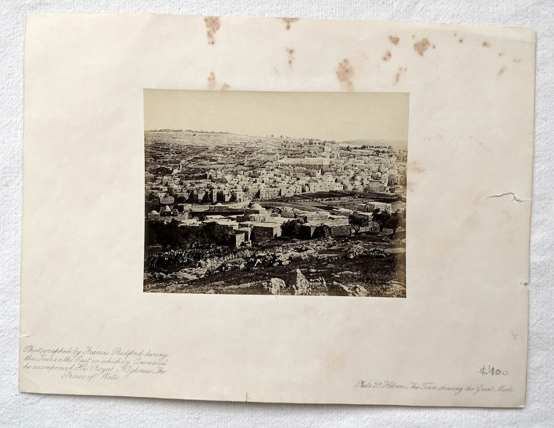 Francis Bedford, Antique Photograph “Hebron the Town showing the great Mosk??, 19th cen.: Francis Bedford, Antique Photograph “Hebron the Town showing the great Mosk”, 19th cen. Laid on paper Size: 9.8 x 12.6 cm. (3.8 x 4.9 inches) Foxing stains to upper part of paper and tear to r