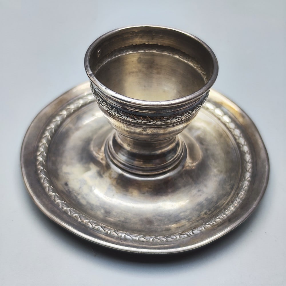 Antique French silver egg cup-holder made by André Roberge: Antique French silver egg cup-holder made by André Roberge, France-Paris, 1910-1924, decorated with stripes in a repeating pattern of dense foliage around it, stamped twice: with the French standard