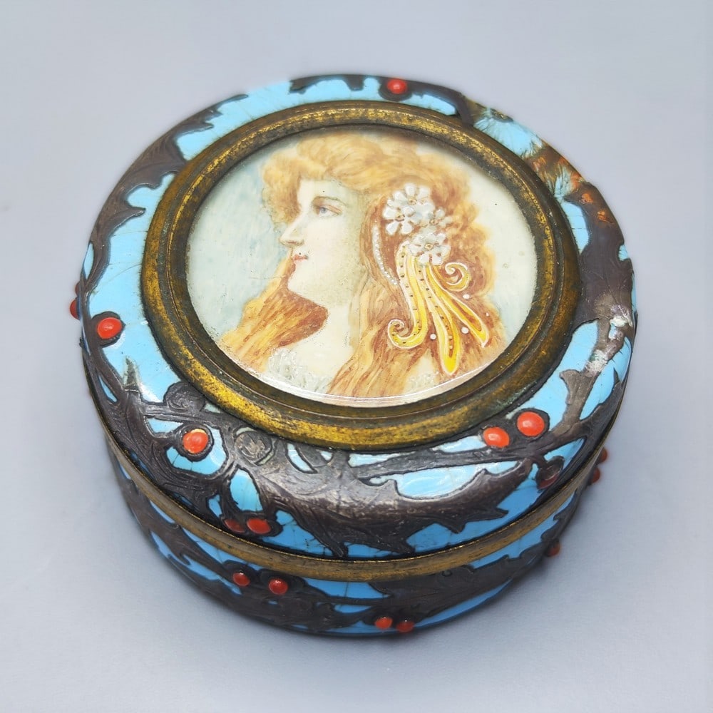 Antique Art Nouveau brass, silver and enamel pill box (1 of 4)
