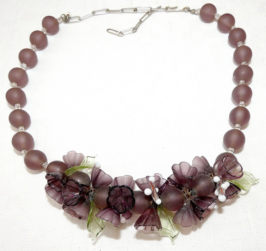 Art Deco Multi Color Cut Glass Floral Lilies of the Valley Necklace: Art Deco Multi Color Cut Glass Floral Lilies of the Valley Necklace Hand crafted. Total length with chain: 42 cm. (16.5 inches) Length of central part: 9 cm. (3.5 inches) Weight: 51 gr.