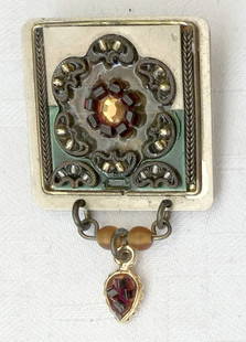 Ayala Bar, Israeli Designer, Brooch with Mosaic Encrusted Beads and Charm: Ayala Bar, Israeli Designer, Brooch with Mosaic Encrusted Beads and Charm Total height: 4.8 cm. (1.9 inches) Square part: 3 x 3 cm. (1.2 x 1.2 inches) Hand crafted.