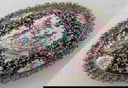 Persian Isfahan Antique Floral, Birds Hand Painted Enamel Filigree Silver Brooch: Persian Isfahan Antique Floral, Birds Hand Painted Enamel Filigree Silver Brooch Size: 3.8 x 5 cm. (1.5 x 1.9 inches) Hand crafted, hand painted, filigree.