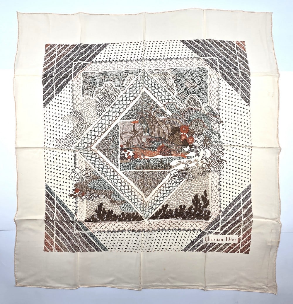 High quality vintage scarf made by Christian Dior fashion house: High quality vintage scarf made by Christian Dior fashion house, France, made of 100 percent silk, designed in a square pattern, decorated in the center with a duck pattern, bearing the company logo a