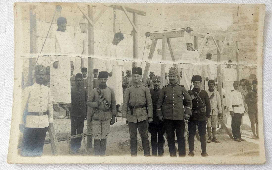 Orig. photo PC of Execution of Armenians in Jerusalem, 1915, during genocide of Armenians in Ottoman: Orig. photo PC of Execution of Armenians in Jerusalem, 1915, during genocide of Armenians in Ottoman Empire. On the necks of the hanged men there is a poster with the inscription in Turkish: “Traito