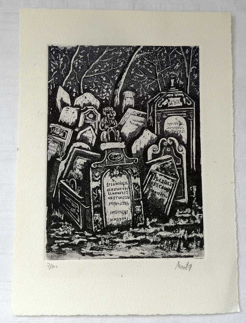 Antique Woodcut “Jewish Cemetery?? # 7/ 100, signed and numbered in Pencil: Antique Woodcut “Jewish Cemetery” # 7/ 100, signed and numbered by the artist in PencilLimited edition of 100 copies, this is # 7Size: 15 x 10.5 cm. (5.9 x 4.1 inches)Size with fields: 21 x 15