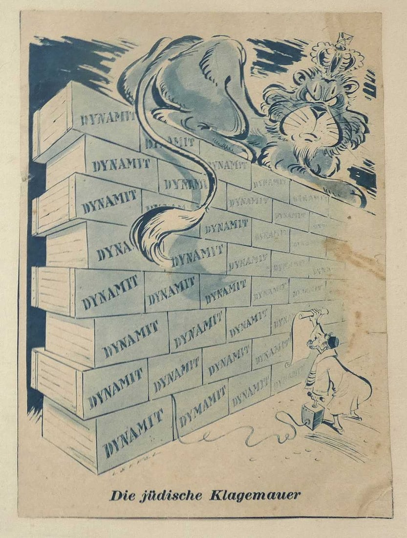 Anti Jewish Caricature. German Antique Lithograph «Die juedische Klagemauer» Dynamit (The Jewish: Anti Jewish Caricature German Antique Lithograph «Die juedische Klagemauer» Dynamit (The Jewish Wailing Wall), 1930’s Laid on paper, some foxing stains, mainly near right edge Size: 17 x