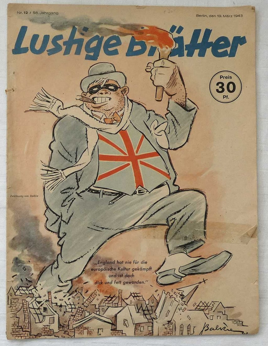 WWII Drittes Reich "Lustige Blaetter Nr. 12, 19. Maerz 1943", Anti Western and Anti Jewish Magazine: WWII Drittes Reich "Lustige Blaetter Nr. 12, 19. Maerz 1943", Anti Western and Anti Jewish Magazine with Lithographed Caricatures, in German Drawings signed by Artists in the plate Inscripti