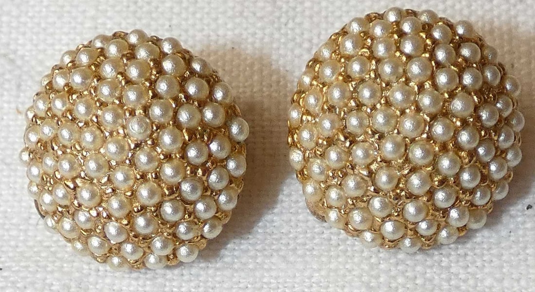 Les Bernard Clip-on Earrings set with Seed Pearls, signed.: Les Bernard Clip-on Earrings set with Seed Pearls, signed. Diameter: 1.6 cm. (0.6 inches) Light wear.