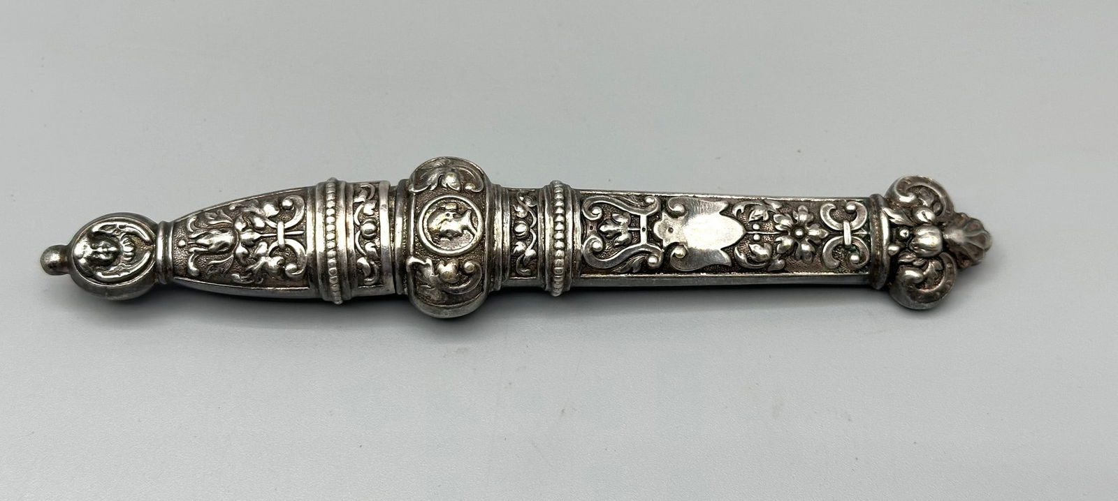 Antique French sewing tools box for thimble/needles: Rare! Antique French sewing tools box for thimble/needles, circa late 19th century, made of silver-plated brass, consisting of two parts, decorated with Renaissance Revival reliefs with colorful plant