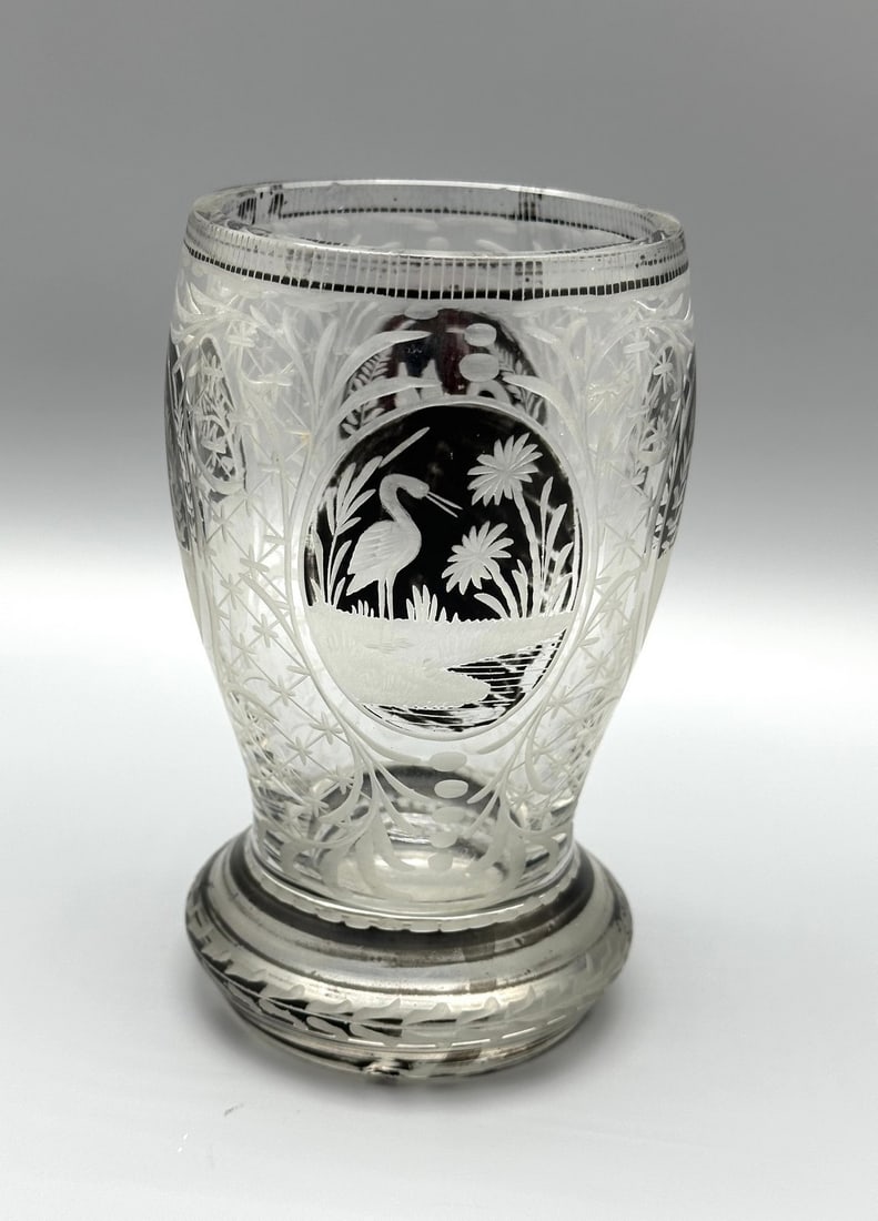 Antique crystal glass goblet - black enamel decorations (Schwarzlot): Antique crystal glass goblet, circa early 20th century, decorated around it with masterful hand engraving and black enamel decorations (Schwarzlot) within ovals in the form of a stork, swan, dog and c