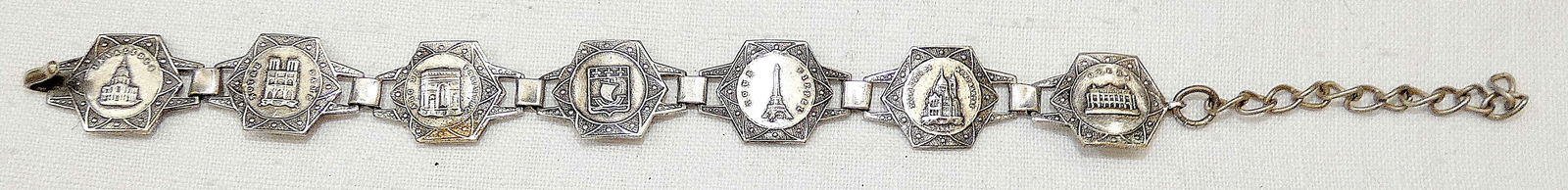 Paris France Art Deco Silver Plated Souvenir Panel Bracelet, signed: Paris France Art Deco Silver Plated Souvenir Panel Bracelet, signed Total length: 19 cm. (7.4 inches) Width: 1.4 cm. (0.5 inches); Silver plating slightly damaged to one link below