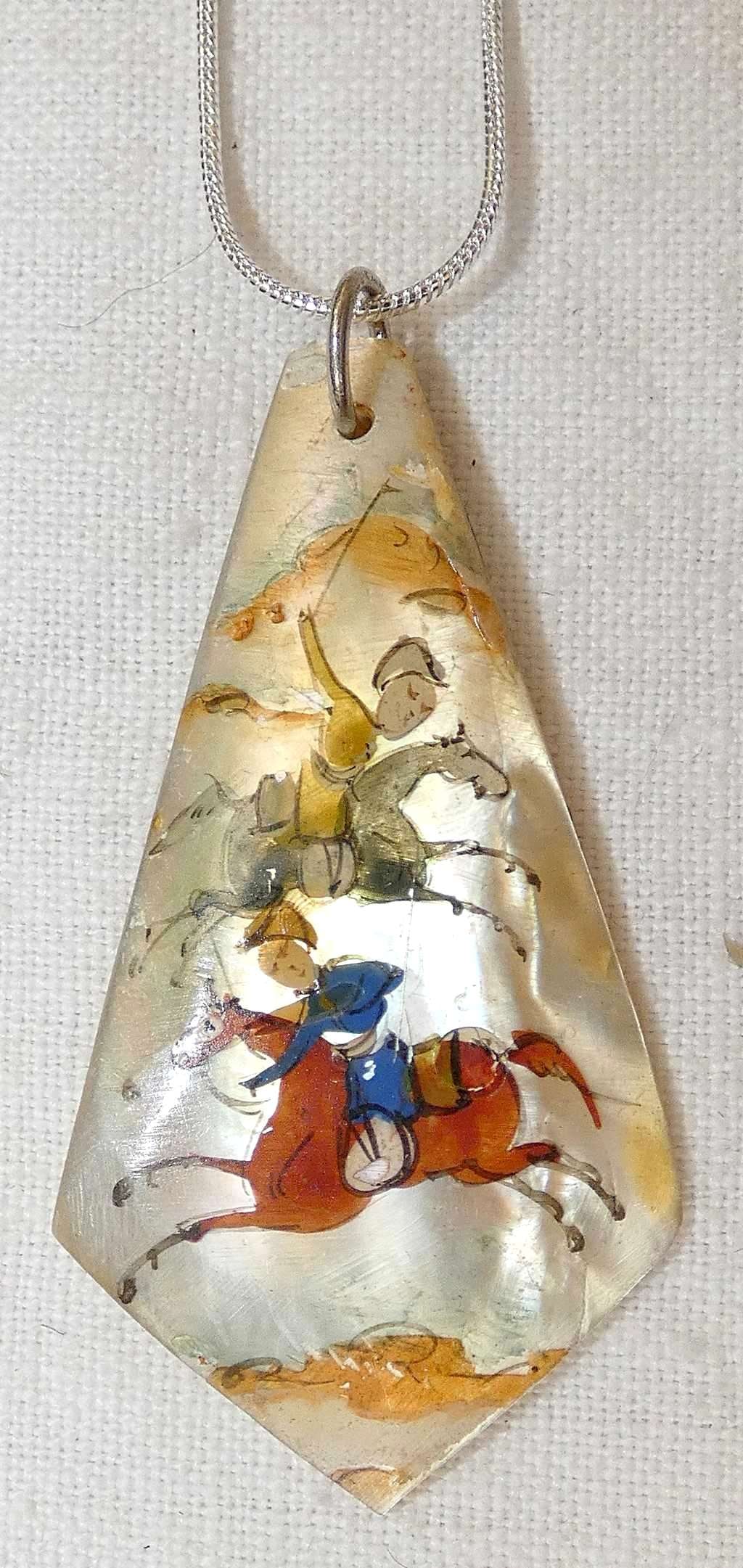 Persian Antique Mother of Pearl Pendant with Miniature Painting “Polo Game??, Silver Chain: Persian Antique Mother of Pearl Pendant with Miniature Painting “Polo Game”, Silver Chain Persian Antique Mother of Pearl Pendant with Miniature Hand Painting “Polo Game”, Silver Chain