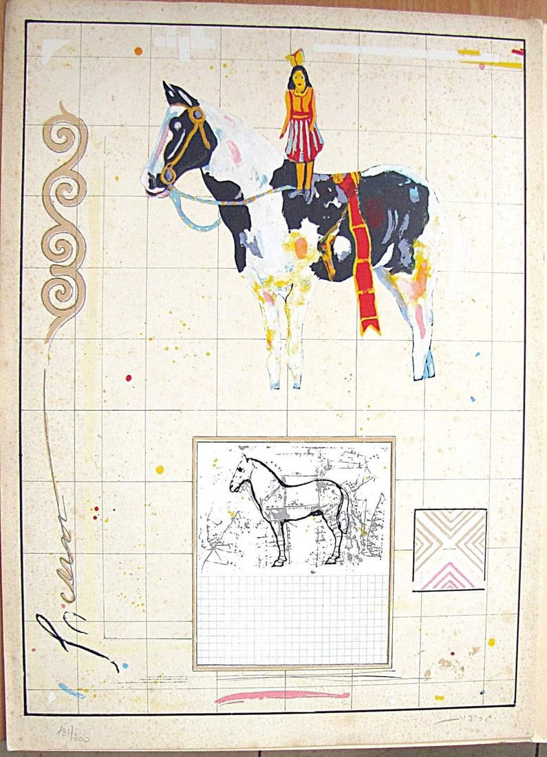 Joshua Griffit, Israeli Painter, Silkscreen, “Girl on a Horse??, 181/200, signed and numbered, in: Joshua Griffit, Israeli Painter, Silkscreen, “Girl on a Horse”, 181/200, signed and numbered, in Folder Signed in pencil in Hebrew, total size: 49.8 x 36 cm. (19.6 x 14.1 inches) small foxing