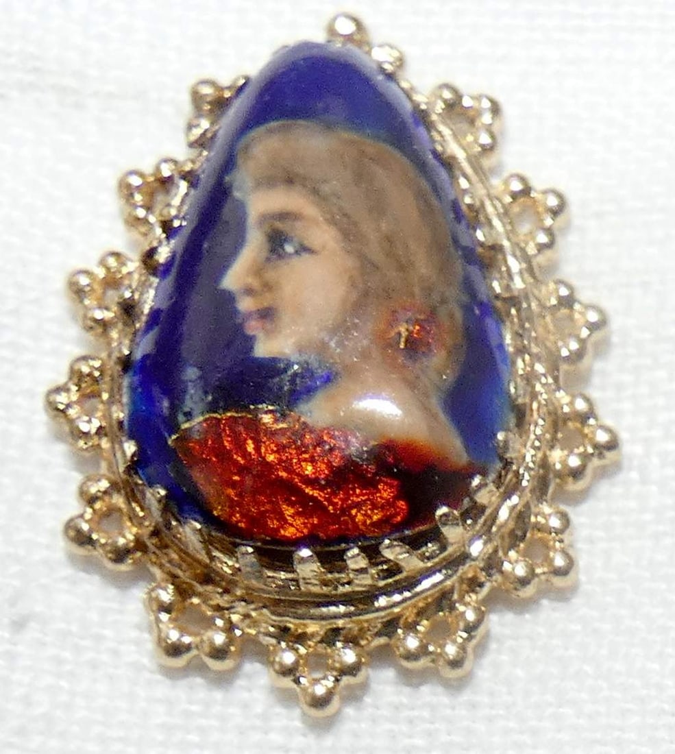 French Antique Gold 9k Enamel Hand Painted Miniature Portrait Pendant, Weight: 3.8 gr.: French Antique Gold 9k Enamel Hand Painted Miniature Portrait Pendant, Weight: 3.8 gr. Signed on back side of enamel: France Maker’s mark on back side of frame. Size: 2.5 x 1.8 cm. (0.98 x 0.7 inche