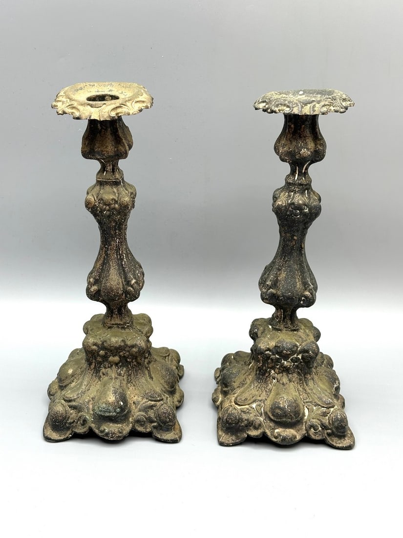 Pair of Warsaw Silver-Plated Sabbath Candlesticks - Marcin Jarra: Pair of Warsaw Sabbath candlesticks by Jewish manufacturer Marcin Jarra (1852-1938), late 19th century. Silver-plated copper, designed in the Rococo Revival style with plant and shell motifs. Signed o
