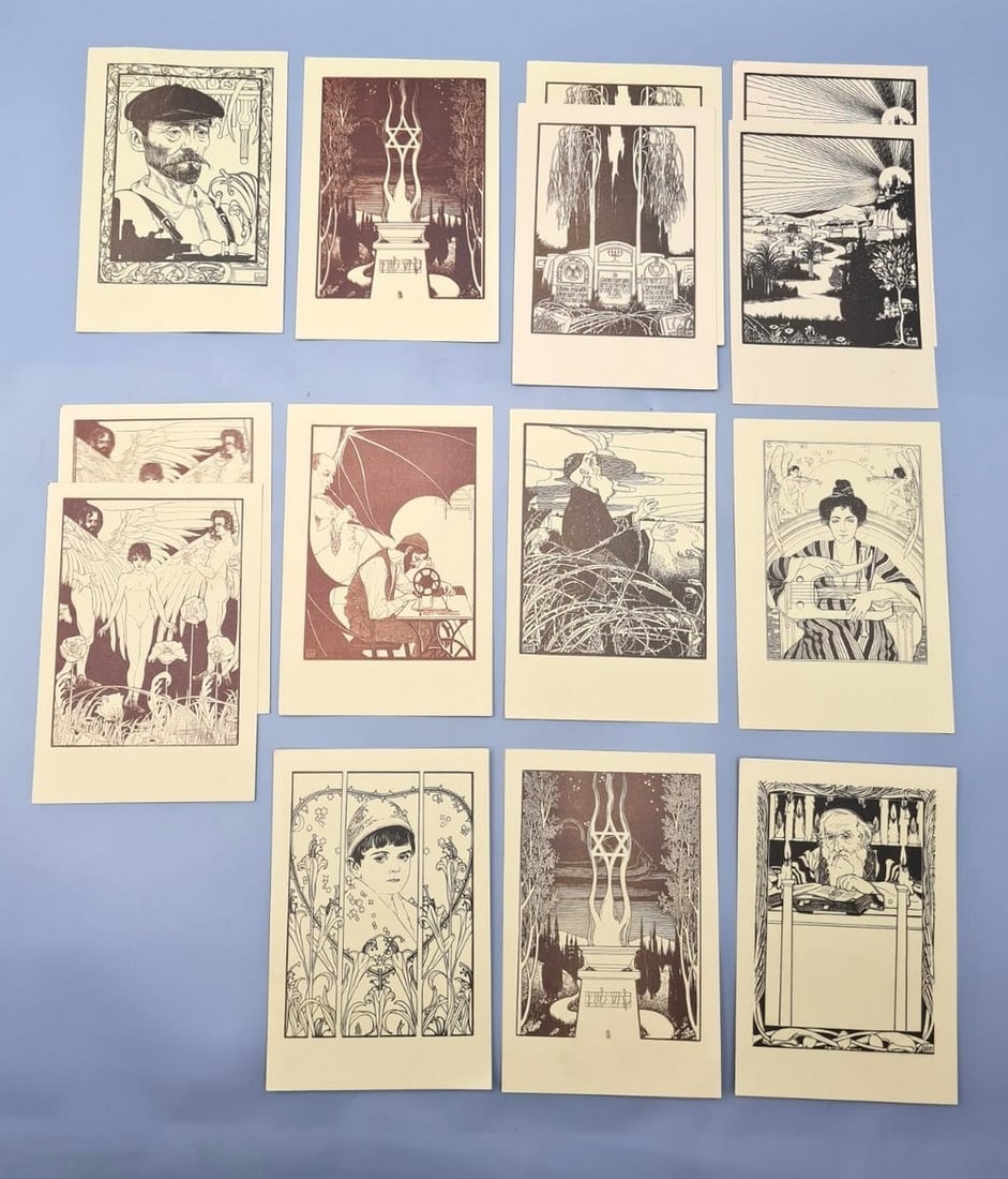 E.M. Lilien - Set of 14 Postcards "Lieder des Ghetto": Assortment of 14 postcards featuring woodcut prints by Ephraim Moses Lilien (1874–1925) for the book "Songs of the Ghetto." Published by Calvary, Berlin, early 20th century. 15.5x10.5 cm. Good to ve