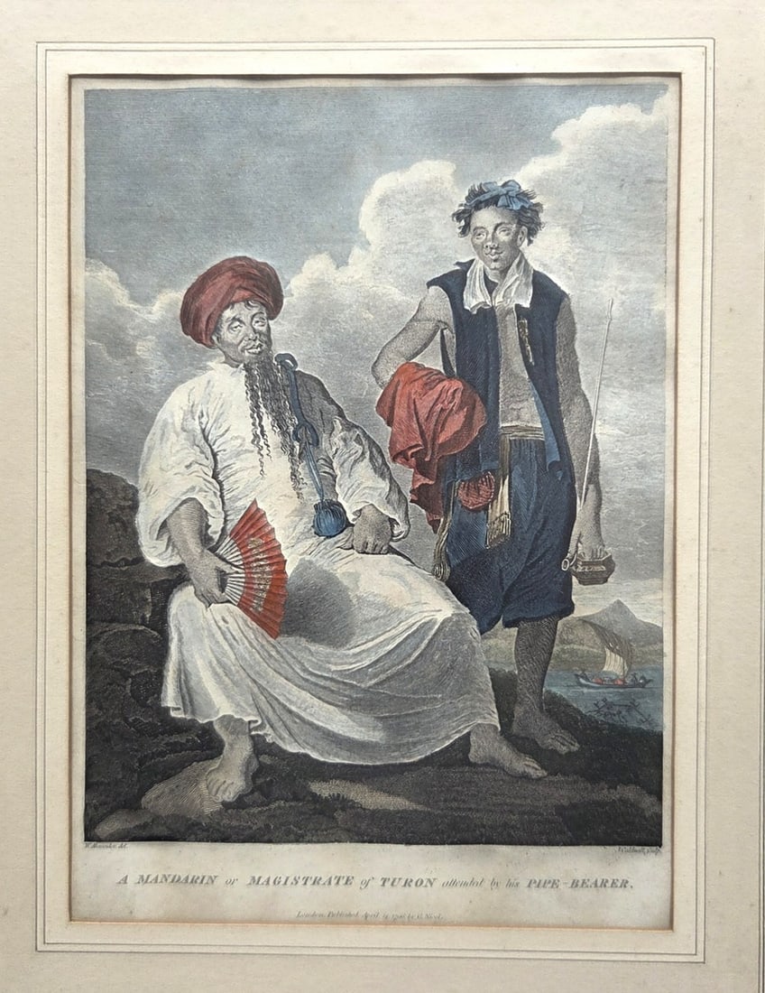 After William Alexander (1767-1816), Engraving by James Coldwall (1739-1823): Mandarin or Judge of Turon (Chinese) attended by his pipe-bearer. High-quality hand-colored copper engraving from the book "Authentic account of an embassy from the King of Great Britain to the E