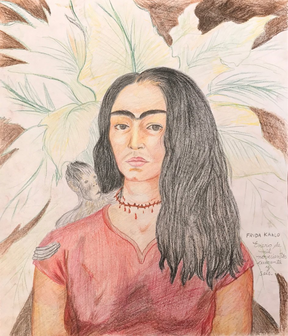 Frida KAHLO (1907-1954) Mixed media on paper: Frida Kahlo. Size: 14 by 12 in. Technique: Colored pencil on paper. January 1946. Provenance: Cuernavaca Fernando Martinez Canales, Fundacion Cultural Televisa, private collection of Carlos Hank Gonza