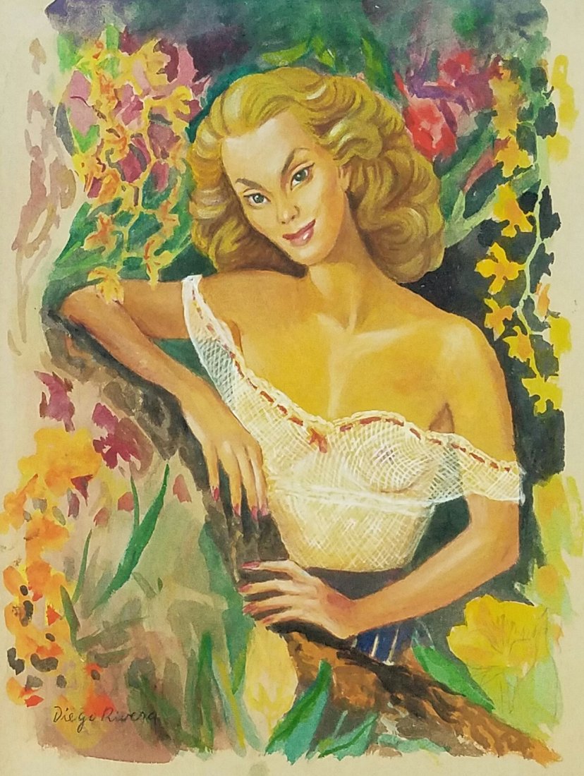 Signed Diego Rivera: Size: 13 by 10.5 in. Technique: Watercolor on paper.