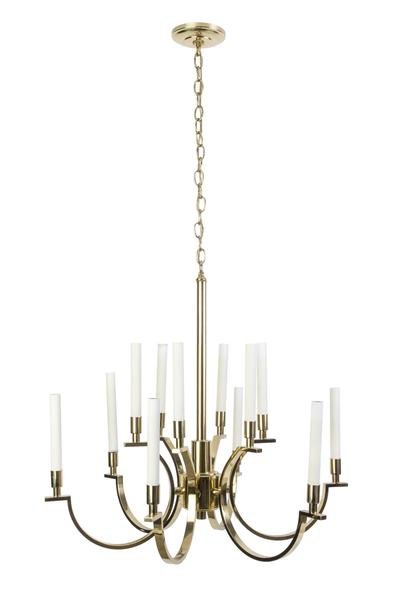 Mid-Century Candelabra Chandelier By Frederick Cooper: This exquisite Mid-Century Modernist chandelier was designed by Frederick Cooper. It features a two-tier brass frame candelabra form design with elongated candlestick lights. It is in excellent condit