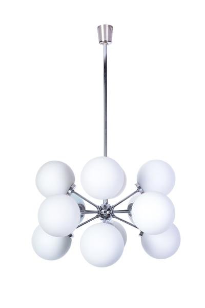 Mid-Century Modernist Chandelier By Richard Essig: This gorgeous Mid-Century Modernist chandelier was designed by Richard Essig. It features a chrome base with twelve (12) opal glass globes creating a cluster form design. Made in Germany, Circa: 1965,