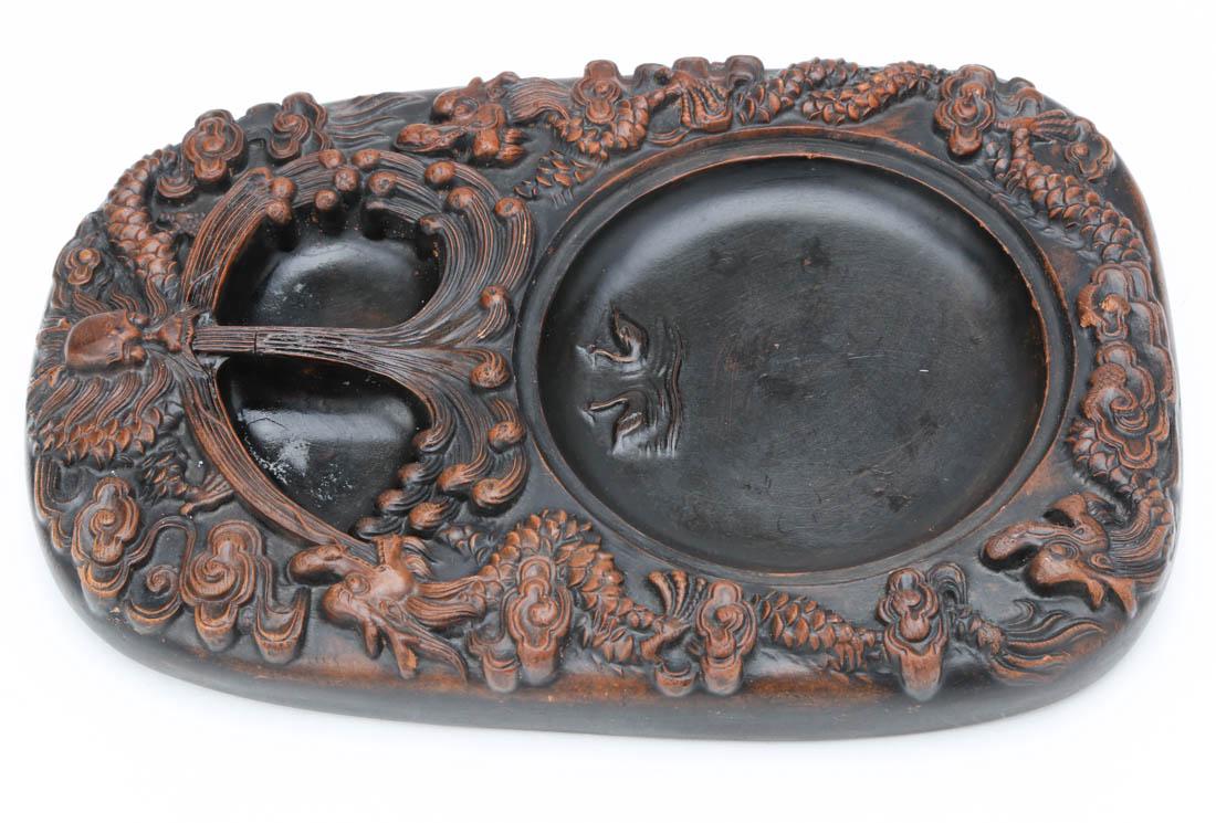 Chinese Inkstone carved 4 dragon: Chinese Inkstone carved 4 dragon, marked. 9x6