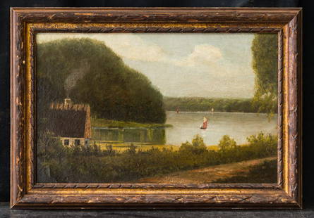 Edward Mitchell Bannister 1828 - 1901 MA/RI Listed: Medium: Oil On Canvas Age: Circa 1883 dated Painting Size: 12" x 19" Artist: Edward Bannister (1828 - 1901) Frame Size: 15 1/2" x 22 1/2" Signature: Lower Left Condition: Great Frame: Well Matched Fra