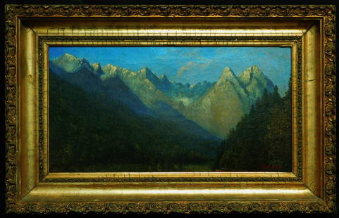 Albert Bierstadt (New York, California, Massachusetts,: Description: ALBERT BIERSTADT (american 1830-1902) "Rocky Mountains" Signed 'ABierstadt' bottom right, oil on panel 10 x 19 in. 15 1/2 x 24 1/2 in (Overall) provenance: Private Collection,