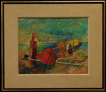 John Atherton (Vermont, California, Minnesota 1900 -: Description: John Atherton (American, 1900-1952) 'Beach Scene', oil on board, signed L/L 14 1/2" x 17 1/2', frame 21" x 24 1/2". Condition: Great overall condition. Provenance: Private collection,