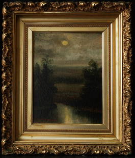 Granville Redmond (California 1871 - 1935) | Moon Light: Description: Granville Redmond (1871 - 1935 Los Angeles, CA) "Moonlight over River" Oil on board Signature lower Left: Granville Redmond 12 1/2" H x 9 1/2" W 19 1/2" x 16 1/2" Framed Condition