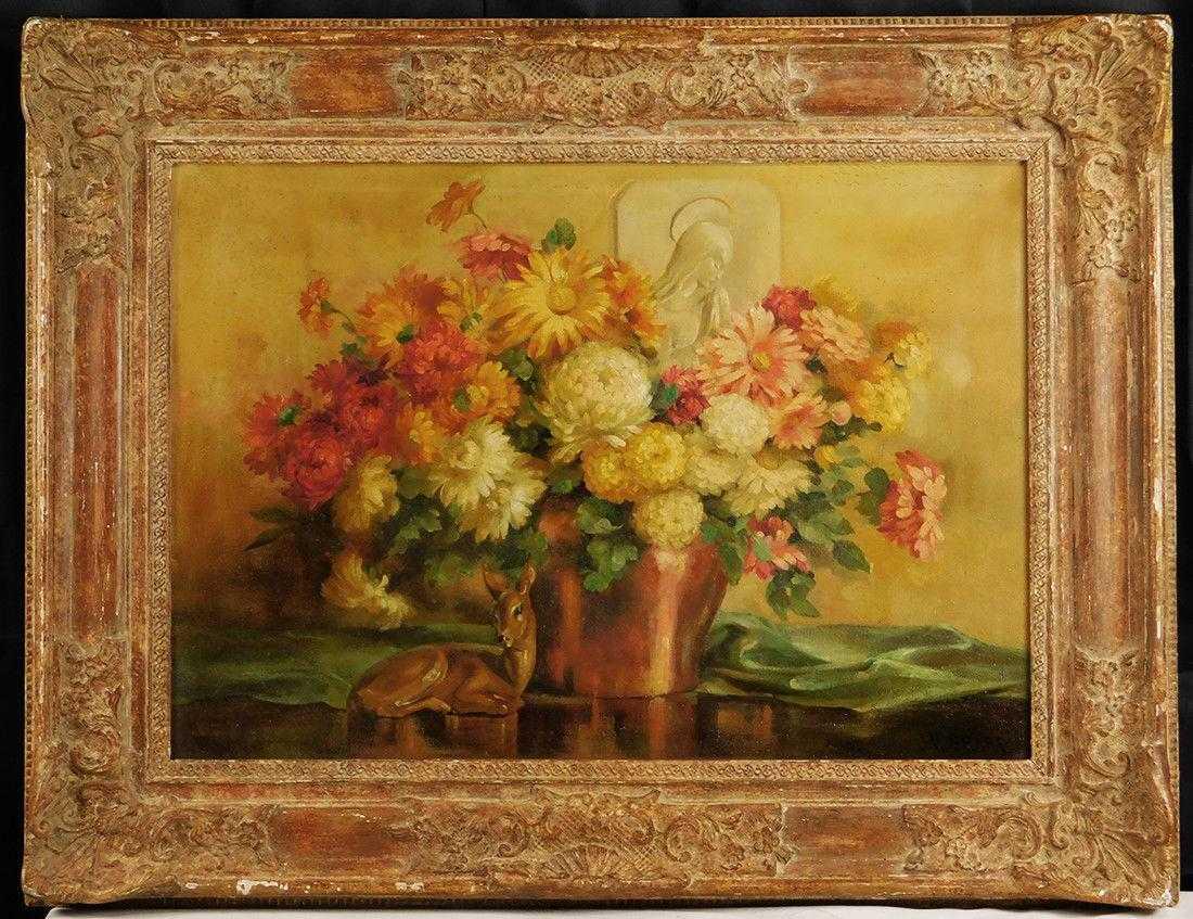 Joseph Henry Sharp | Autumn Flowers, Statues: Joseph Henry Sharp (1859 - 1953) Joseph Henry Sharp was active/lived in New Mexico, California, Ohio. Joseph Sharp is known for Indian figure, landscape and still-life painting. "Still Life with Flowe