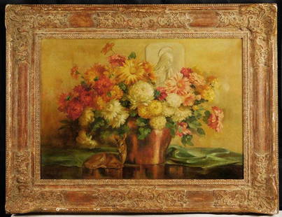 Joseph Henry Sharp | Autumn Flowers, Statues: Joseph Henry Sharp (1859 - 1953) Joseph Henry Sharp was active/lived in New Mexico, California, Ohio. Joseph Sharp is known for Indian figure, landscape and still-life painting. "Still Life with Flowe