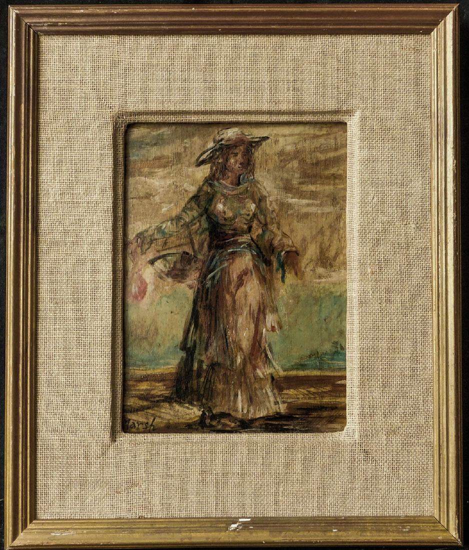 Reginald Marsh (New York, Vermont 1898 - 1954) | Oil /: Description: Reginald Marsh (New York, Vermont 1898 - 1954) | Oil / Board. Signed lower left. 'Marsh'. Measures 7 1/2" x 5 1/2" (painting size) and 11 1/2" x 9 1/2" (frame size). Excellent overall con
