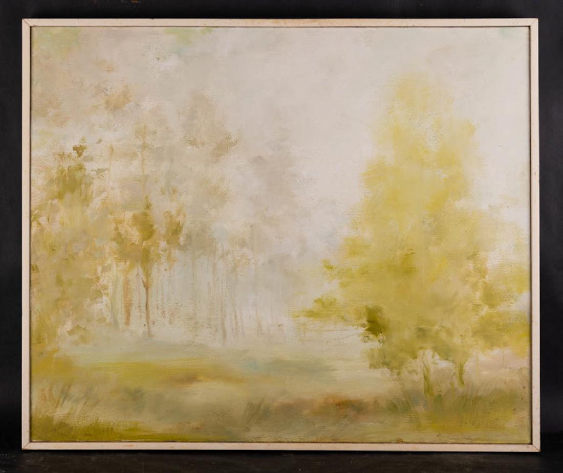Old American Abstract Original Oil Painting "Misty: Title: "Misty Morn" Medium: Oil on canvas Style: ABstract Size: 20" X 24" Frame Size: 21" X 25" Age: 1970s Artist: George Peters Signature: verso with label Condition: Great overall Great for home dec