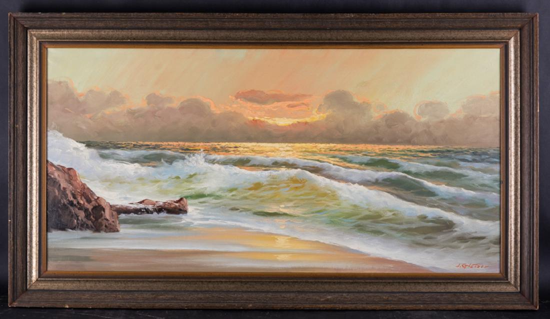 Large Cape Cod Artist Joseph Glotzer 1914-2007 Oil: Title: Beach Scene Medium: Oil On canvas Style: Realist/Nautical Size: 16" x 32" Frame Size: 20" x 36" Age: 1960s Condition: Great, good condition for its age. no damage Signature: J. Glotzer Artist: 