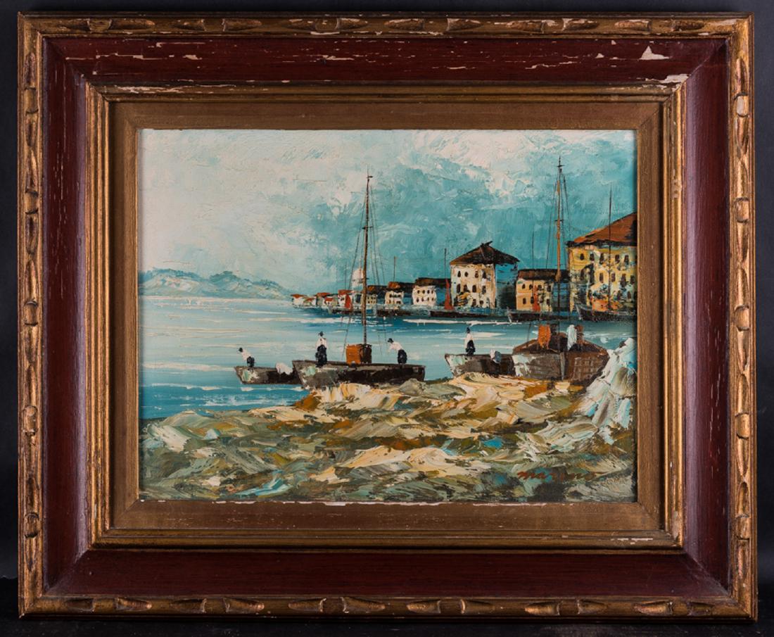 Giuseppe Marino (1916 - 1975) Italian Artist Oil: Title: Coast Scene Medium: Oil on canvas Style: Impressionist/Realist Size: 12" x 16" Frame Size: 19" x 23" Age: 1960s Condition: Great, good condition for its age. no damage Signature: Marino Artist: