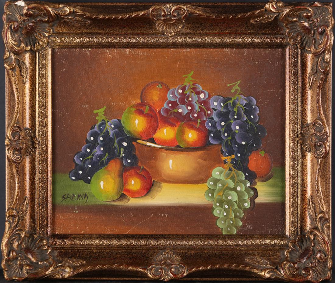 Fruit on Table Still Lift Oil on Canva "A Bowl Of: Title: "A Bowl Of Anemone" Material: Oil on Canva Size:9.5" X 7.5" Frame:13" X 11" Age:1950s Art: Saema Signature: Lowe Left Condition: Great Overall Provenance: Collection from Estate in New Jersey S